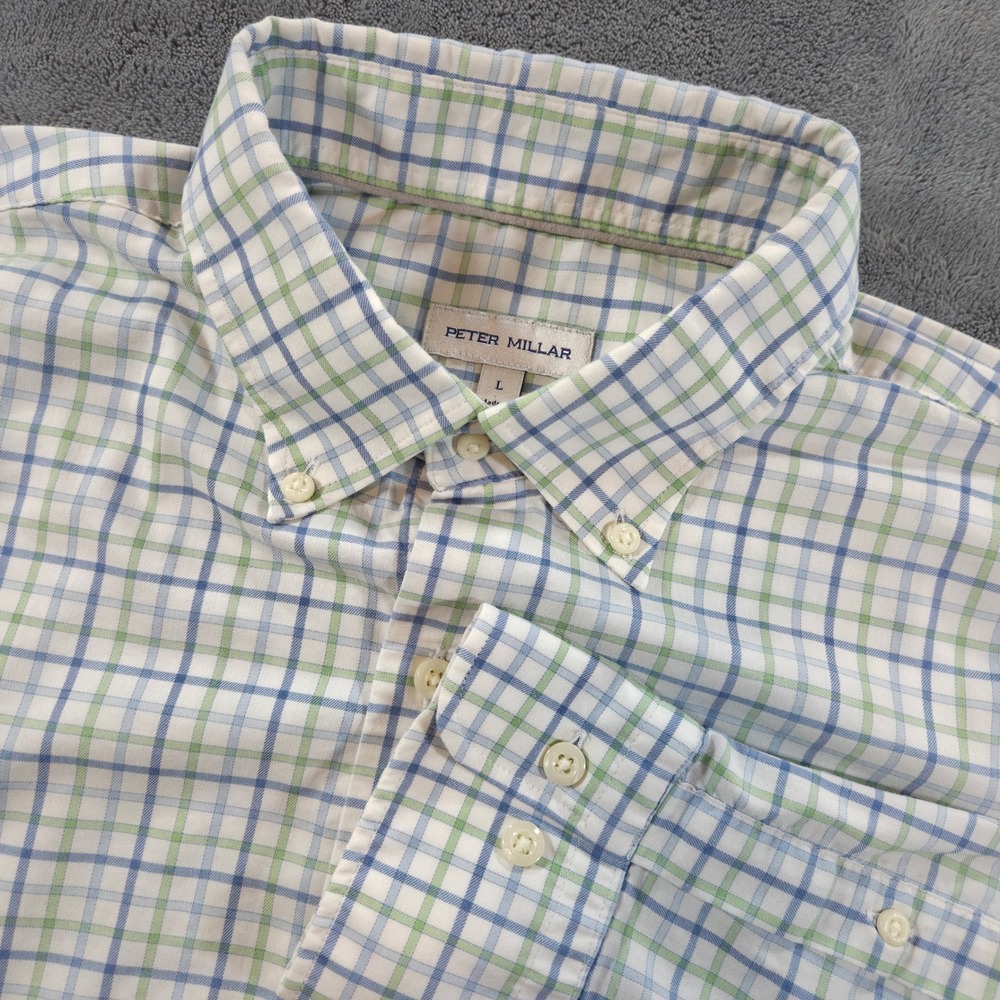 Peter Millar Mens Button Down Shirt Large Preppy Blue Green Plaid Cotton Blend